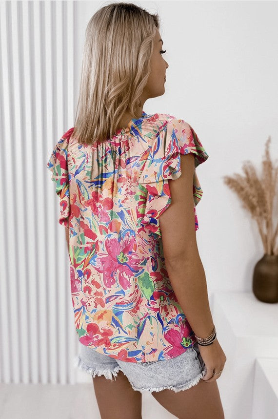 Multicolor Floral V-neck Top w/Ruffle Sleeves - #9823-9826
