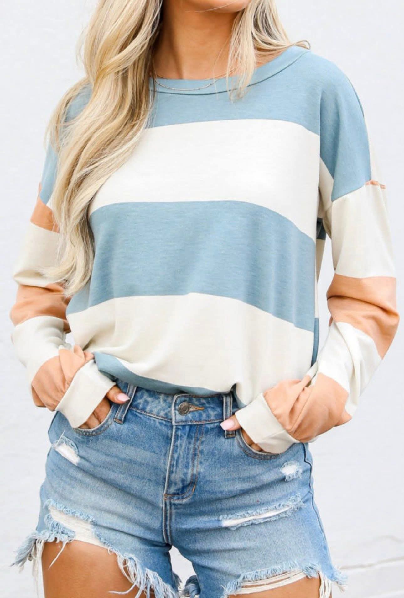 Blue/White/Peach Long Sleeve Top - #10023-10026