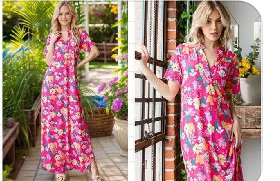 Fuchsia Floral Long Dress - #9193-9198
