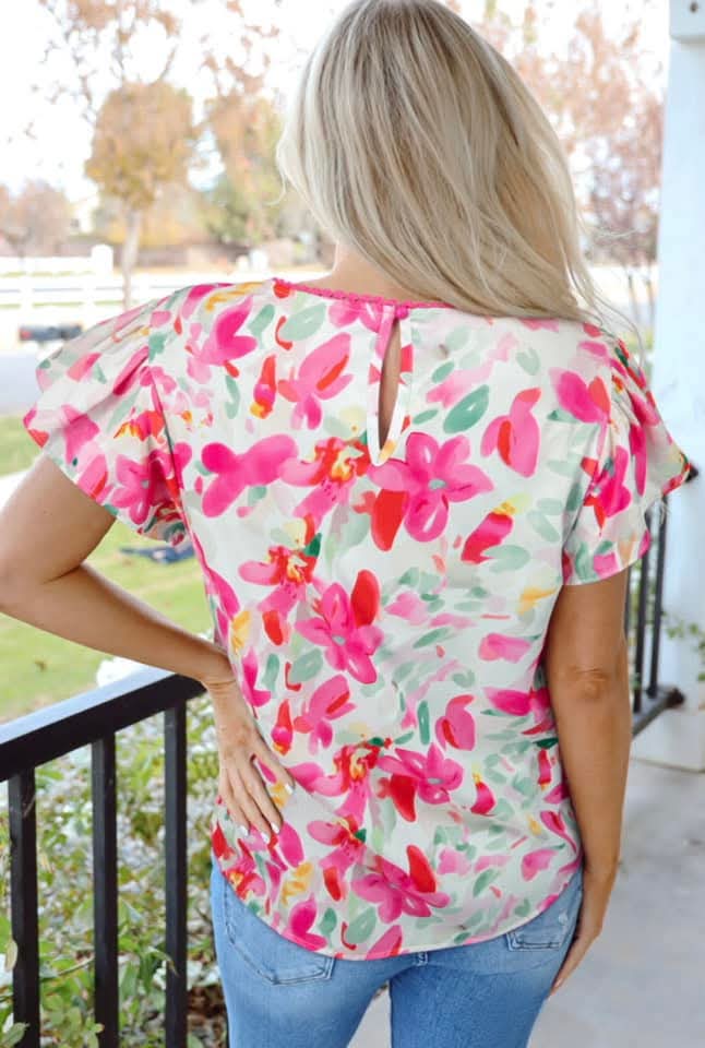 White Floral Top w/Flutter Sleeves - #8970-8973