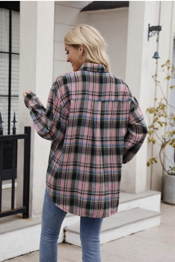 Pink Plaid Button Up Long Sleeve Top - #8673-8677
