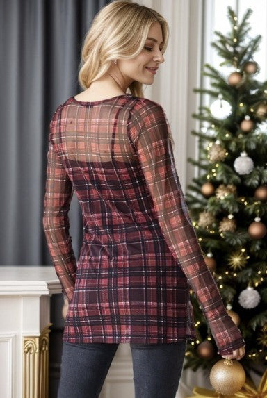 Burgundy Plaid Sheer Top w/Thumbholes - #10089-10094