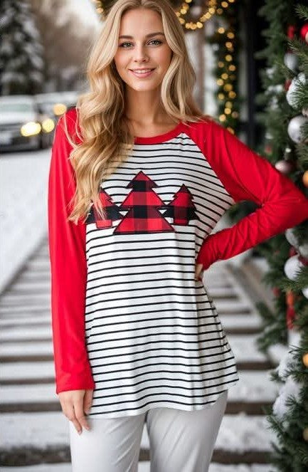 Striped Top w/Buffalo Plaid Christmas Tree - #10347-10352