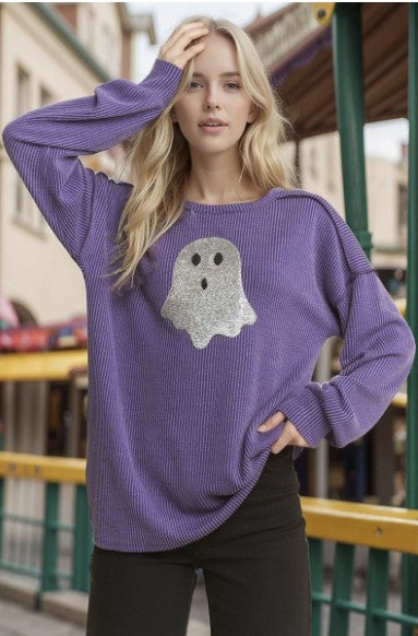 Purple Long Sleeve Top w/Silver Sequin Ghost - #10307-10312