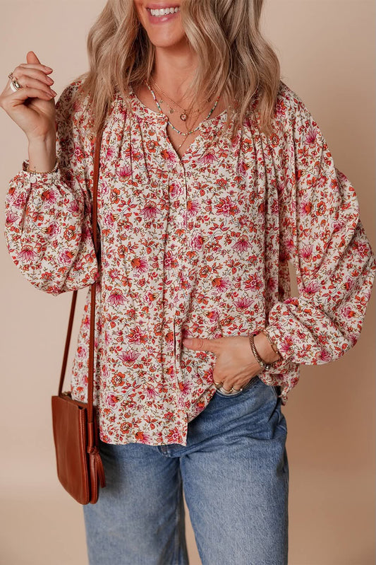 Red Floral Pleated Button Up Top - #10503-10506