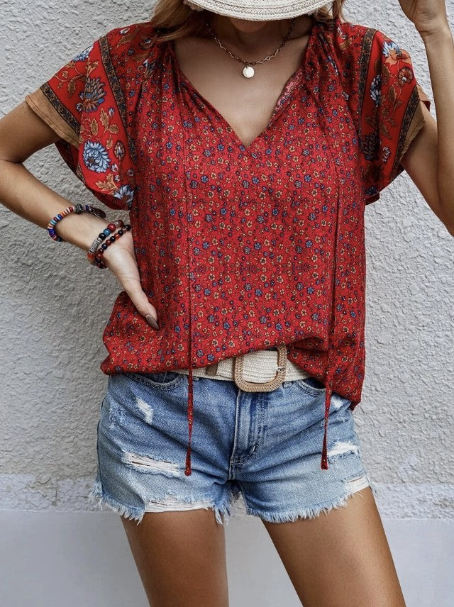 Red Multi Floral V-Neck Top - #9060-9064
