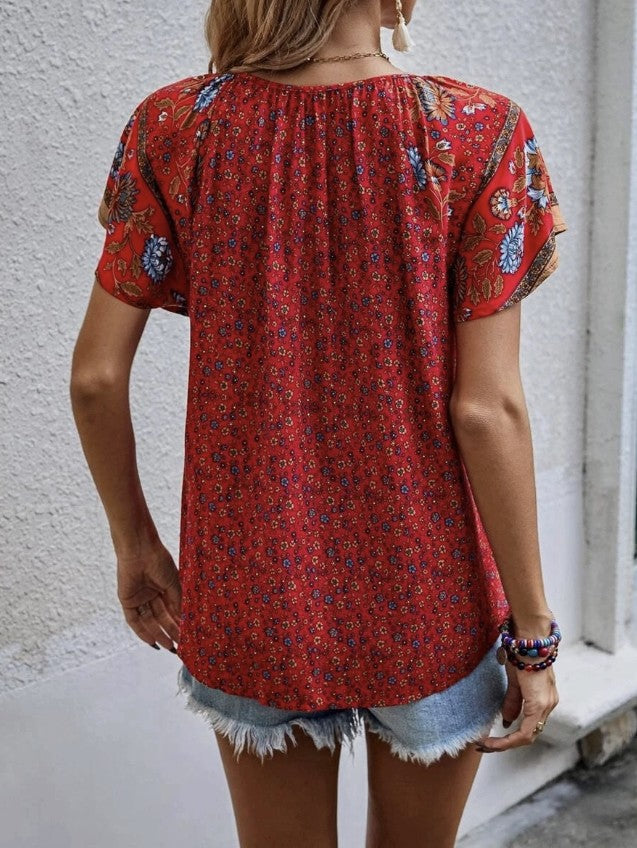 Red Multi Floral V-Neck Top - #9060-9064