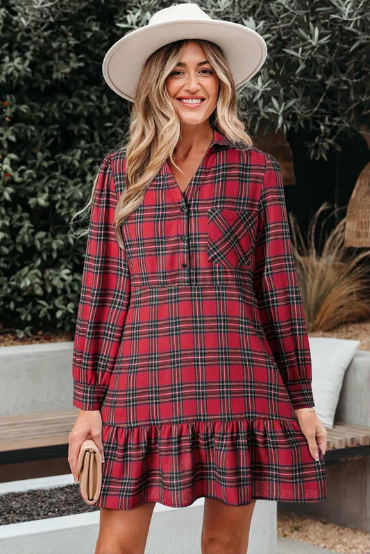 Red Plaid Ruffle Hem Dress - #10513-10516