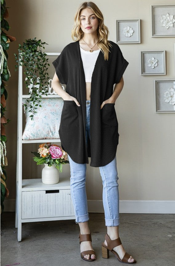Black Short Sleeve Ribbed Cardigan - #8953-8958