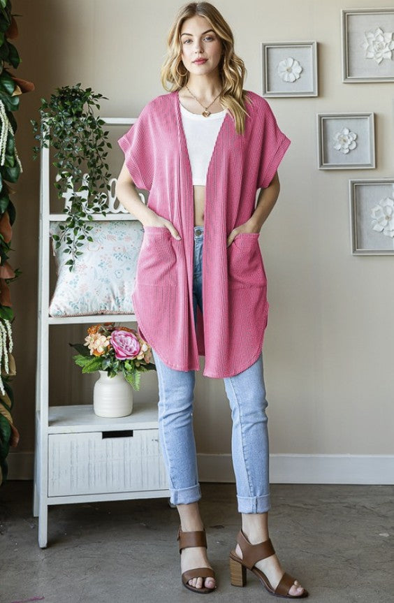 Pink Short Sleeve Ribbed Cardigan - #8959-8964