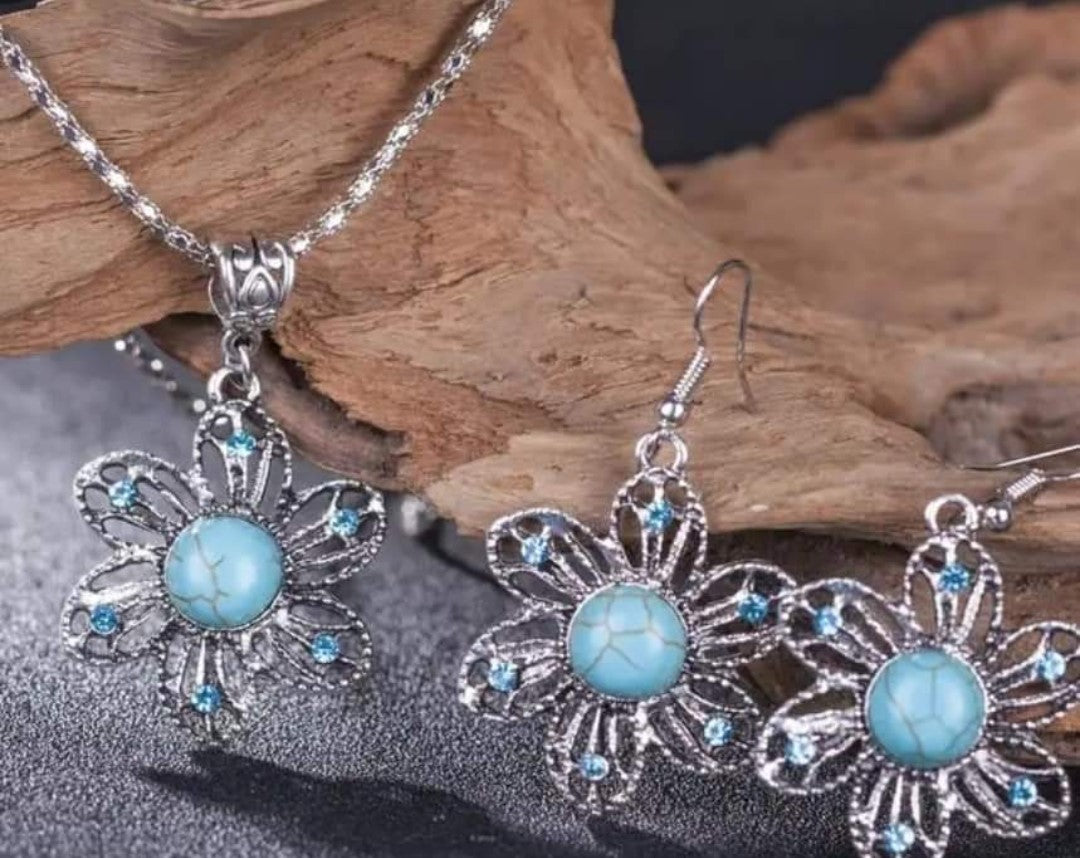 Silver & Blue Flower Necklace/Earring Set - #5181