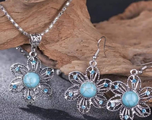 Silver & Blue Flower Necklace/Earring Set - #5181