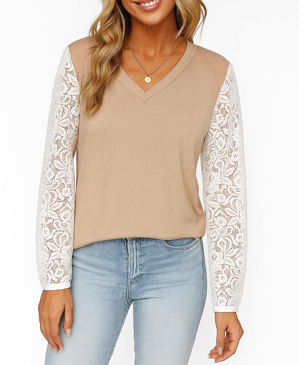 Tan Top w/White Lace Sleeves - #10847-10850
