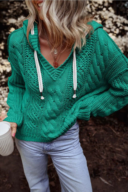 Teal Green V-Neck Cable Knit Hoodie - #10132-10136