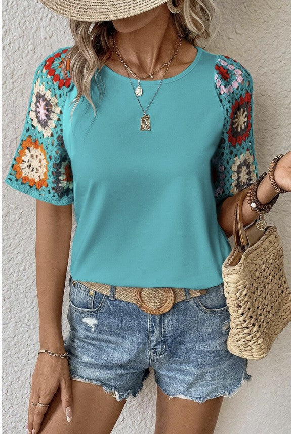 Teal Boho Top with Crochet Sleeves - #9142-9144