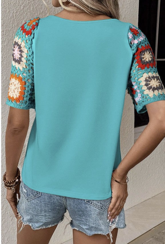 Teal Boho Top with Crochet Sleeves - #9142-9144