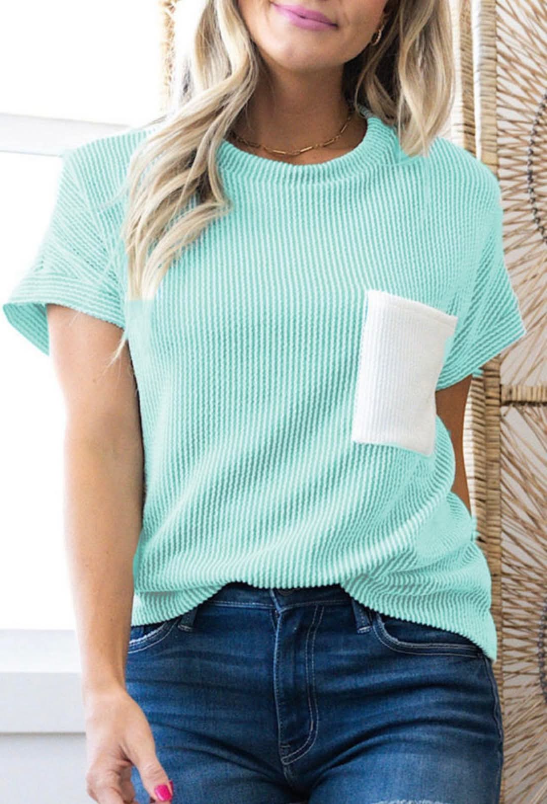 Teal Ribbed Top w/White Pocket - #9240-9243