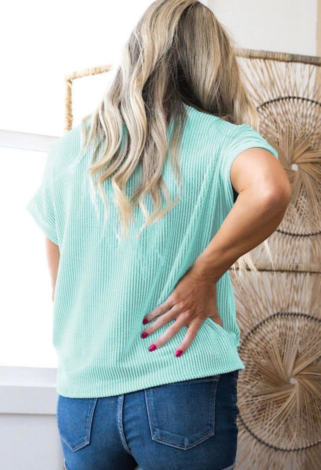 Teal Ribbed Top w/White Pocket - #9240-9243