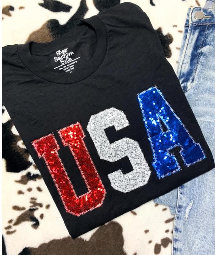 USA Sequin Black Tee - #9110-9115