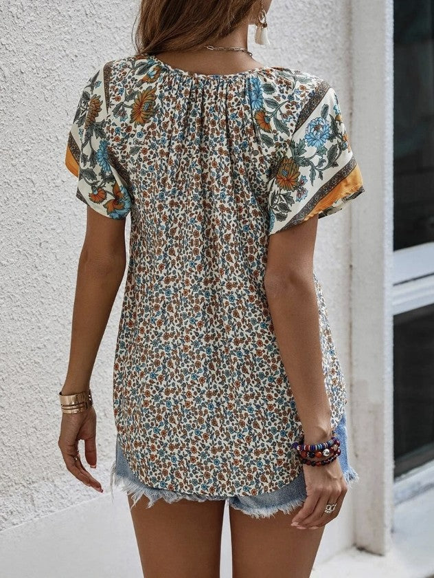 Western Floral V-Neck Top - #9778-9782