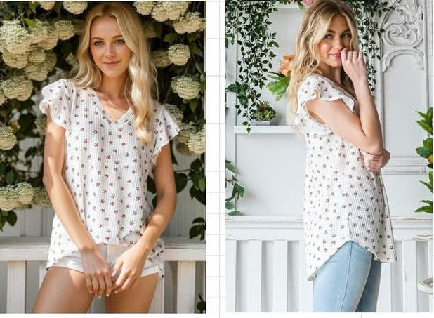 Ivory Floral Print V-Neck Top - #9199-9204