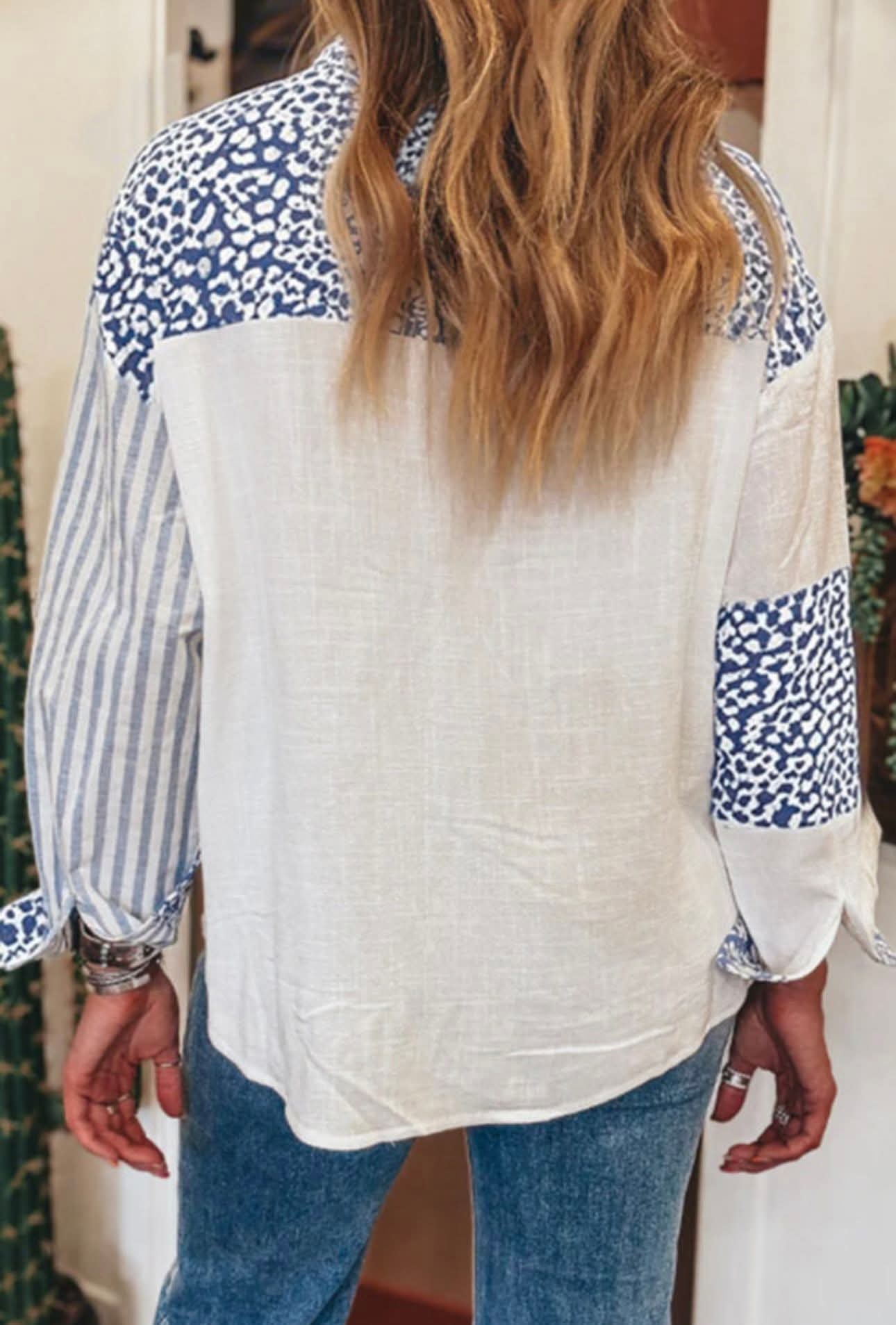 White/Blue Stripe & Cheetah Print Button-Up Top - #9999-10002