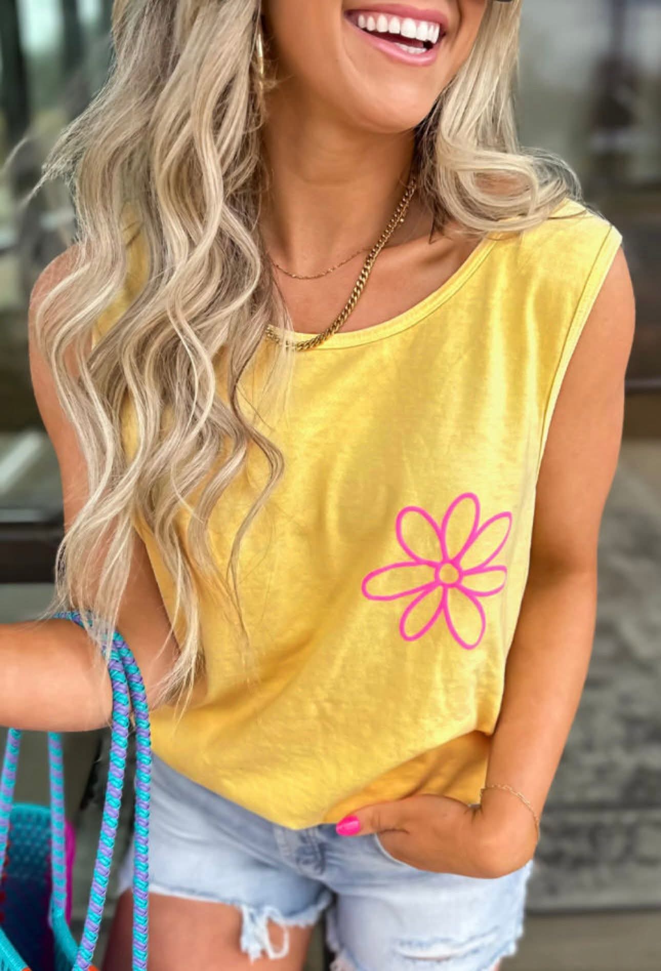 Yellow Summer Tank w/Pink Flower #9831-9834