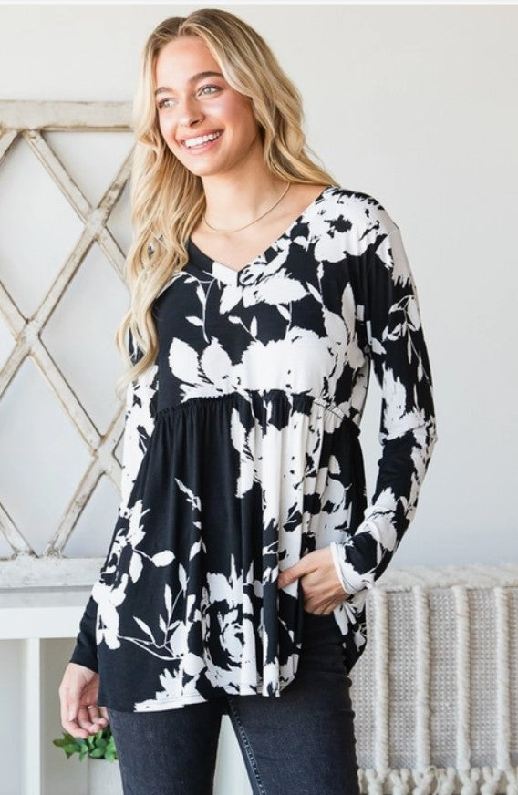 Black/Ivory Floral Peplum Top - #5977-5983
