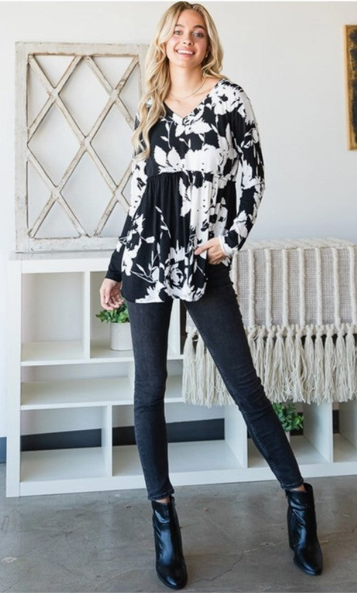 Black/Ivory Floral Peplum Top - #5977-5983