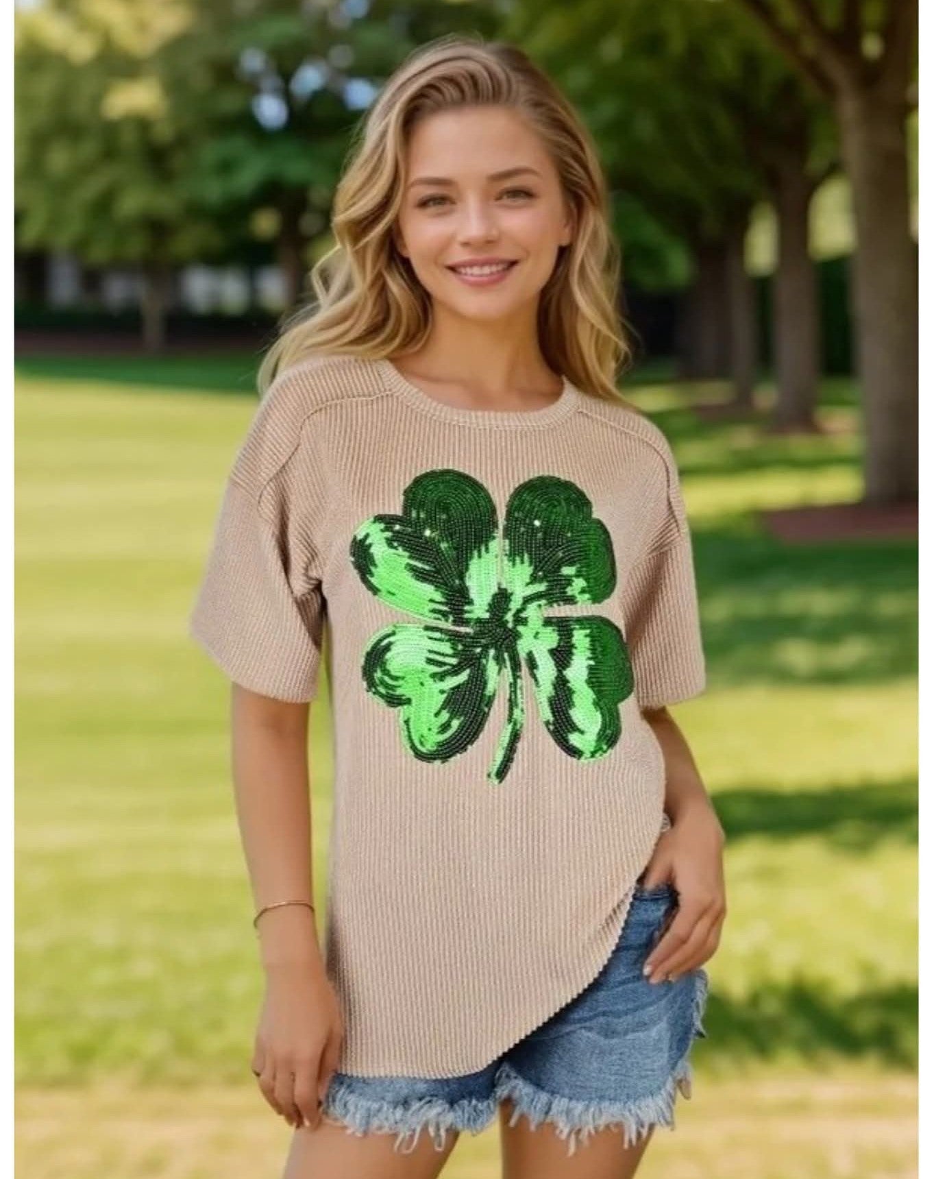 Oatmeal Sequin Shamrock Ribbed Top - #10924-10926