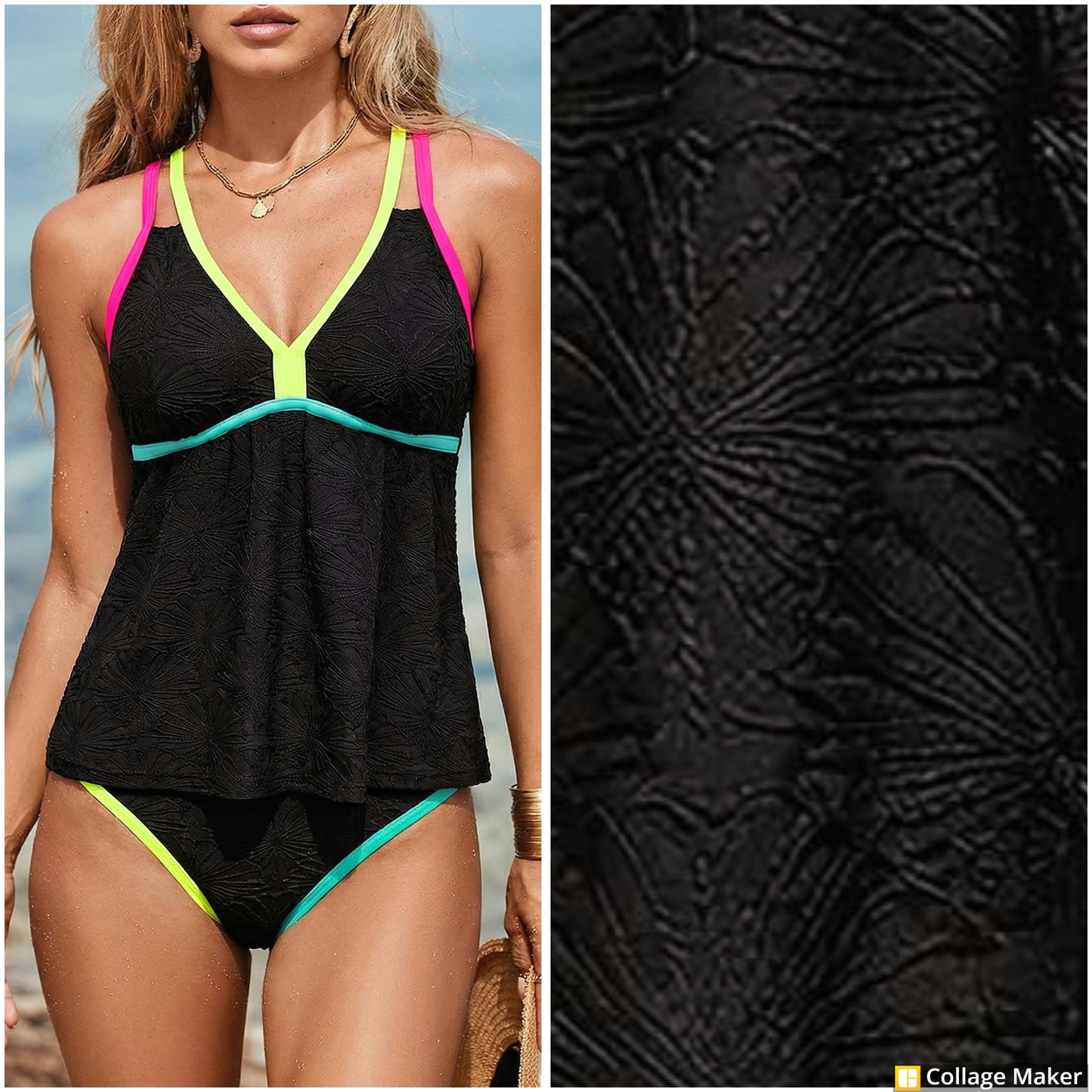 Black Floral Textured/Neon Trim 2 Pc Swim Set - #11001-11004