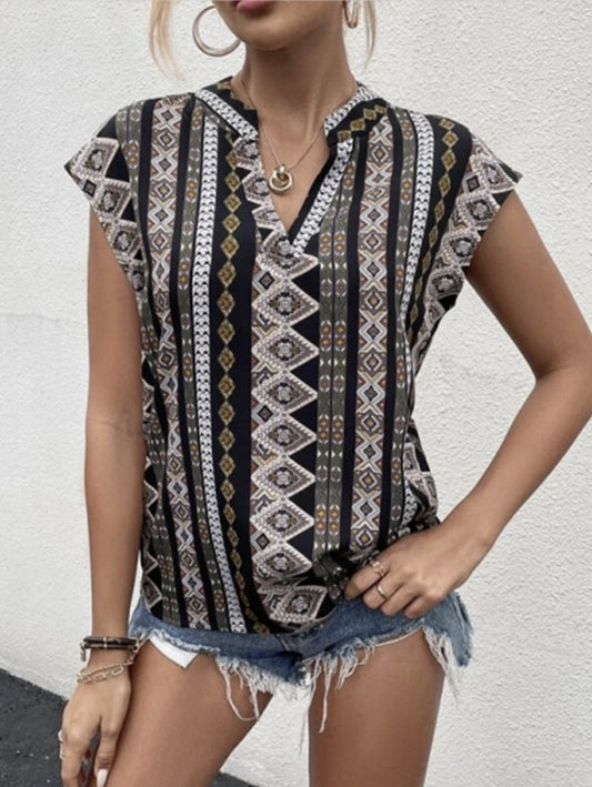 Aztec Print V-Neck Button Up Top - #9576-9580