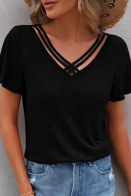 Black Crisscross Butterfly Sleeve Top - #9327-9330