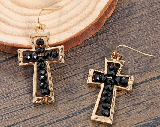 Black Beaded Cross Earrings - #5786