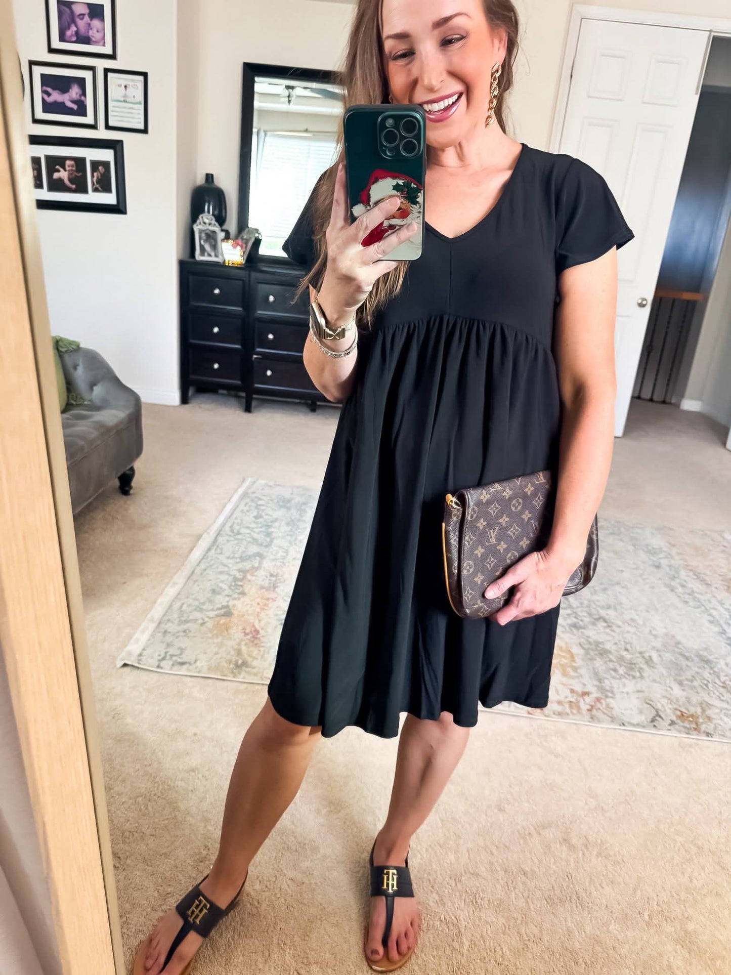 Black V-Neck Pleated Dress - #10728-10734