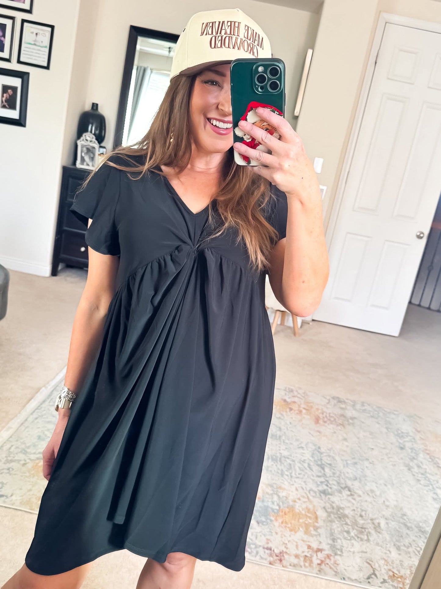 Black V-Neck Pleated Dress - #10728-10734