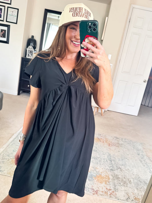 Black V-Neck Pleated Dress - #10728-10734