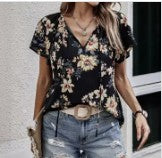 Black Floral V-Neck Top w/Front Tie - #9787-9790