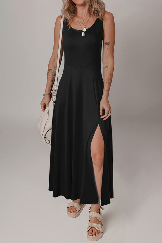 Black Tank Midi Dress w/Side Split  -#9314-9317