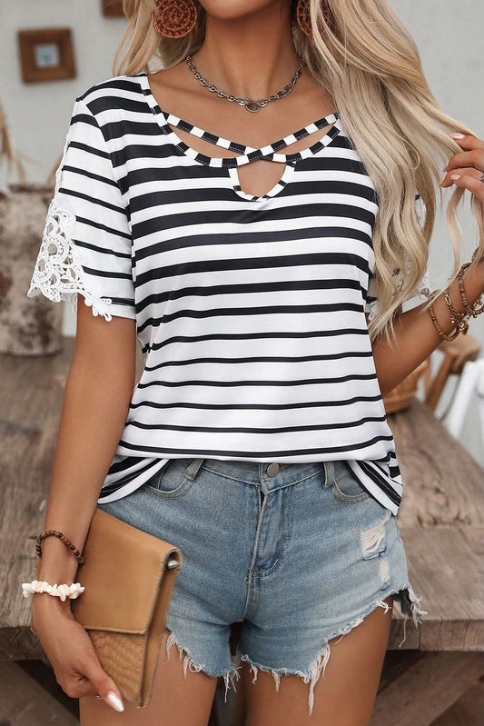 Black Stripe Criss Cross Top w/Lace at Sleeve - #10048-10051