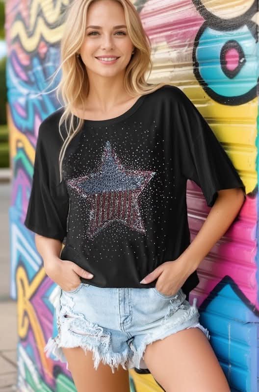 Black Tee w/Sequin Star - #9645-9650