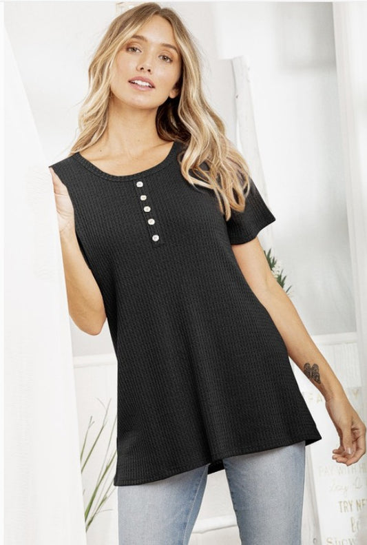 Black Waffle Knit Top w/Front Button Detail - #9910-9915