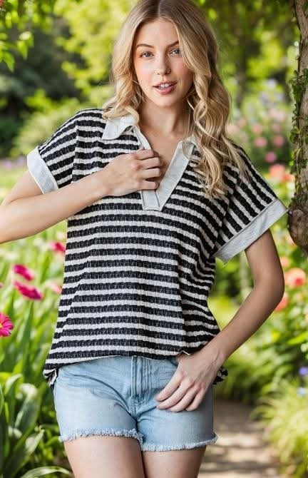 Black/Cream Jacquard Stripe Top w/Collar - #9766-9771