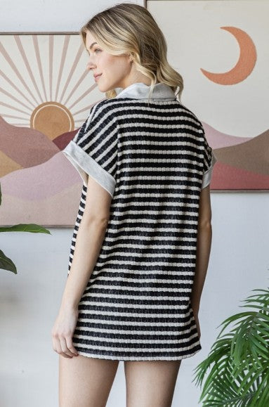 Black/Cream Jacquard Stripe Top w/Collar - #9766-9771