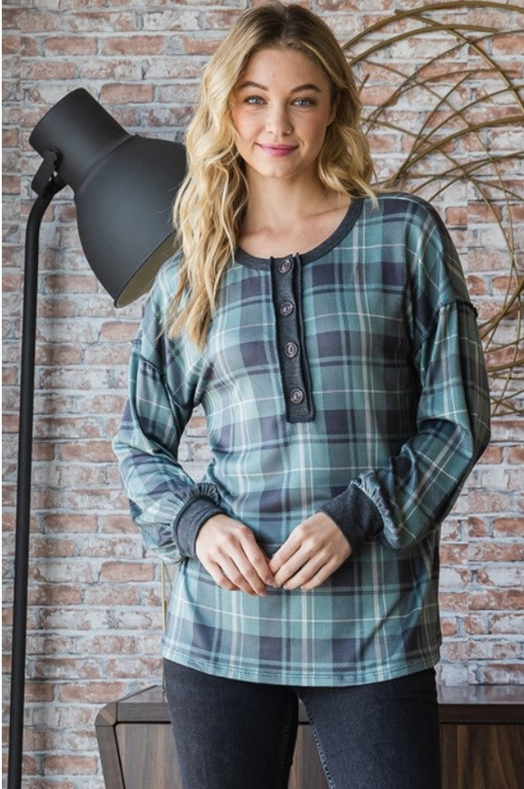 Blue/Green Plaid Top w/Front Buttons - #3255-6260