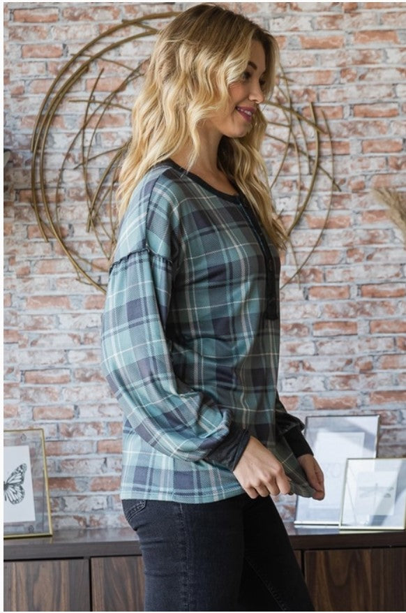 Blue/Green Plaid Top w/Front Buttons - #3255-6260
