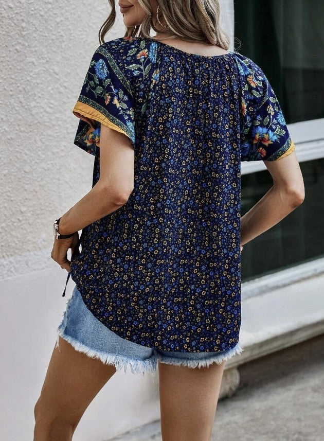 Blue Multi Flower V-Neck Top - #9922-9926