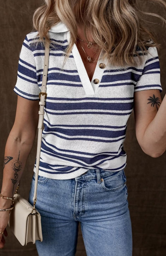 Blue & White Striped Collared Top - #9843-9846
