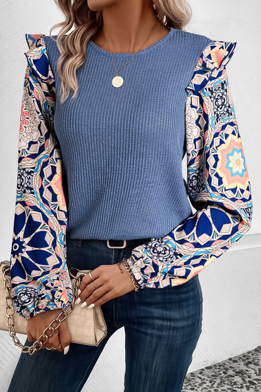 Blue Ribbed Patchwork Long Sleeve Top - #10099-10102