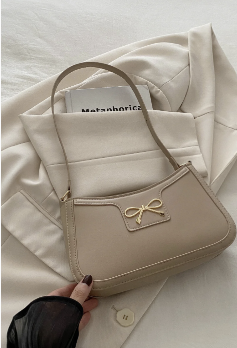 Bow Trimmed Shoulder Bag (Khaki-Black-Hot Pink) - #9293-9295